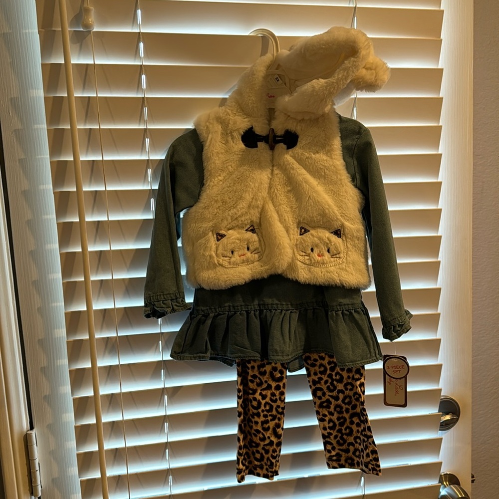 Three piece hoodie furry vest with jean long sleeve and pants. 24 months.